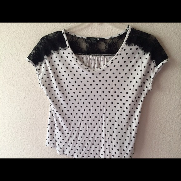 Forever 21 Polkadot blouse with black floral lace - Picture 2 of 4