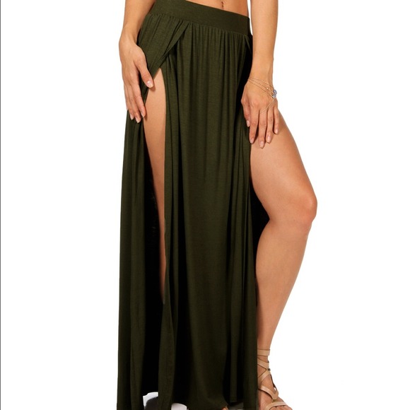 Olive Double Slit Maxi Skirt