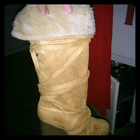 Brown Leather With Fur Wedge Boots(: