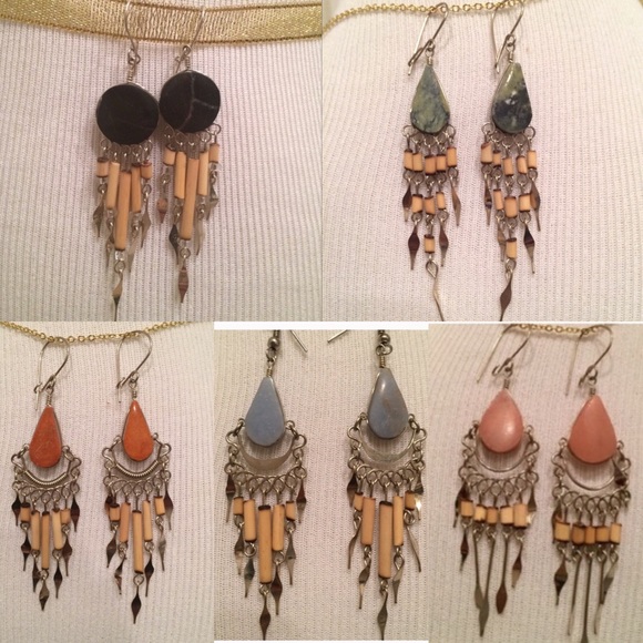 5 Handmade Peruvian Bamboo & Gem dangle earrings.