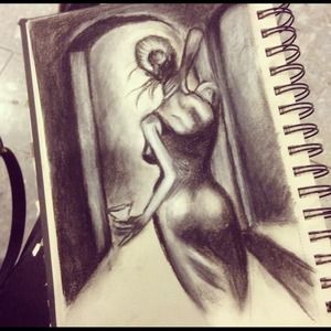 woman with martini in charcoal drawing