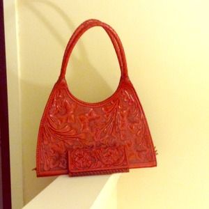 Tooled red leather purse and wallet
