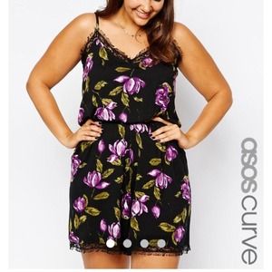 ASOS curve Playsuit in Rose Print with Lace Trim