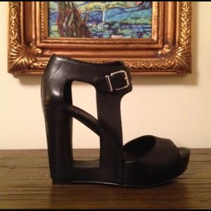 { BCBG } Black Leather Cutout Wedges