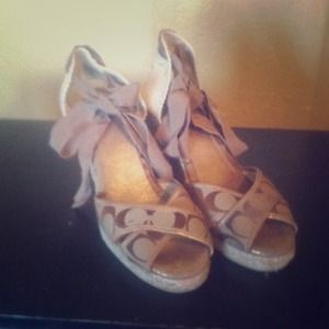 Gold and brown Coach tie up wedge ballerina shoes