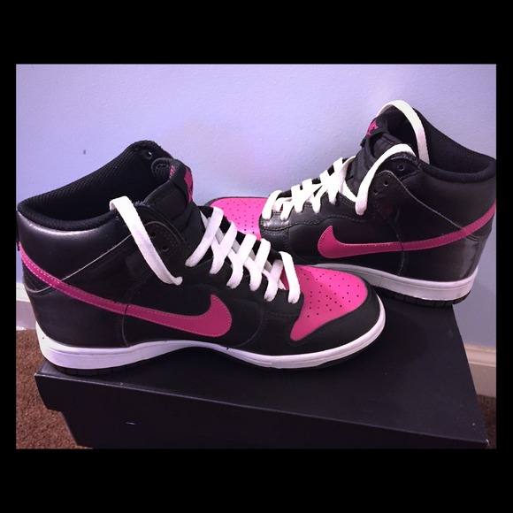 Pink black and white nike shoes