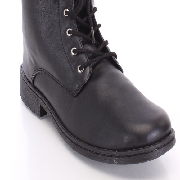 Black Cross Studded Combat Boots Faux Leather - Picture 3 of 3