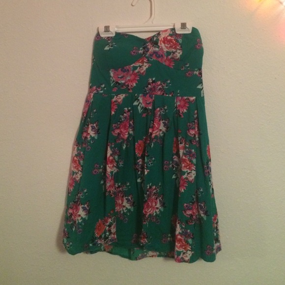 Pink and Green Floral Print Strapless Short Dress