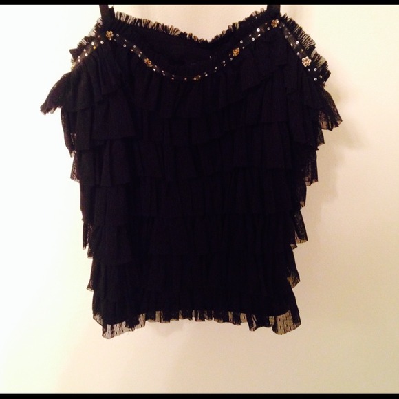 Black ruffled tank, beaded top
