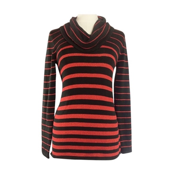 Jones New York Signature Sweaters - Black w/ Red Stripes Cowl Neck Sweater