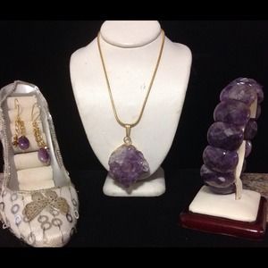 Amethyst pendant, bracelet, and earrings.