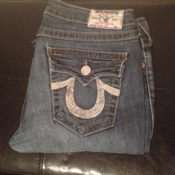 True Religion Silver Sequin Pocket Boot Cut Jeans