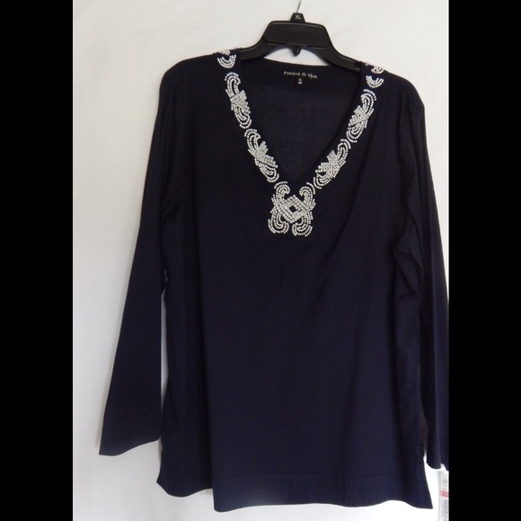 Navy blouse beaded pearl neckline