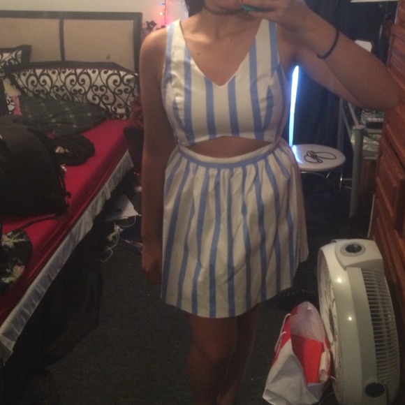 Blue & White Stripped Cutout Dress