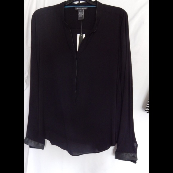 Black Sheer Blouse Trimmed In Leather