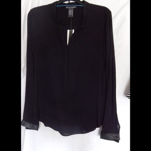 Black Sheer Blouse Trimmed In Leather