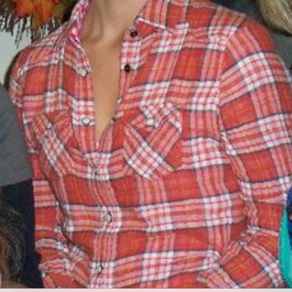 Long sleeve orange,navy,white plaid shirt