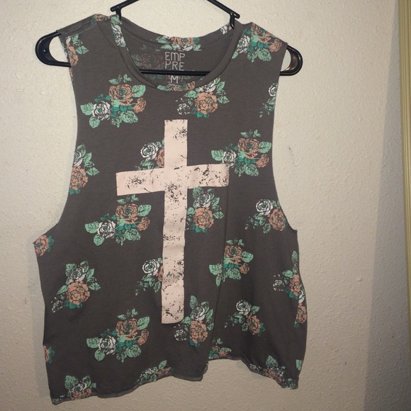 Grey muscle top with cross and roses
