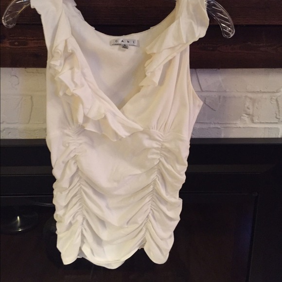 Cabi Ruched Ruffle Top- White, #322