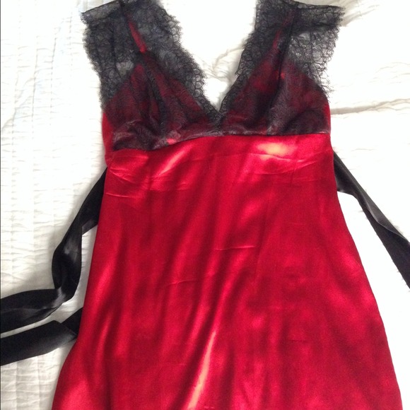 Bebe red silk camisole with black lace, small