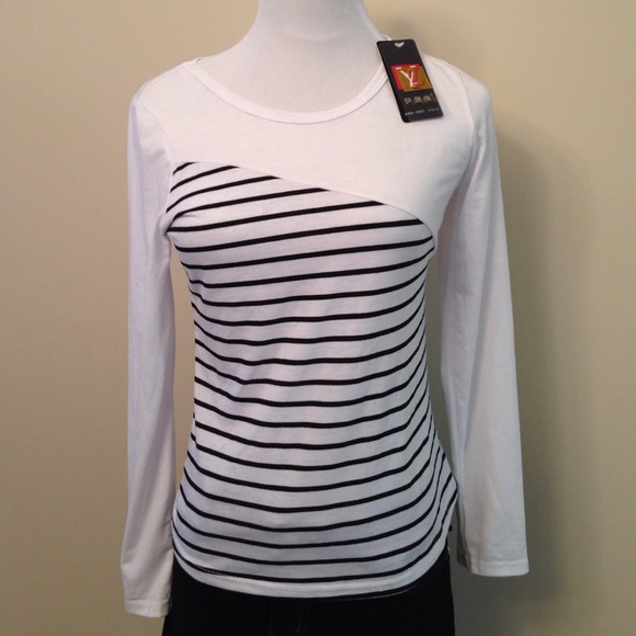 White top with black stripes