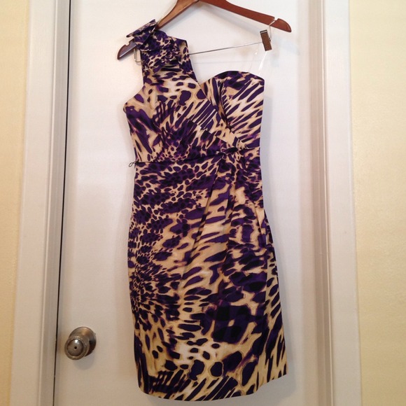 NWOT - One Shoulder Purple and Tan Print Dress - Picture 2 of 4
