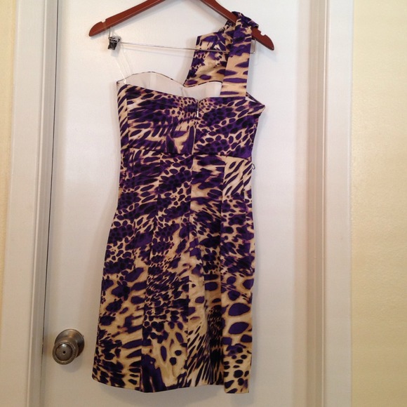 NWOT - One Shoulder Purple and Tan Print Dress - Picture 3 of 4