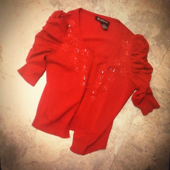 Inc Red Sweater with Beads and Rouching on sleeves