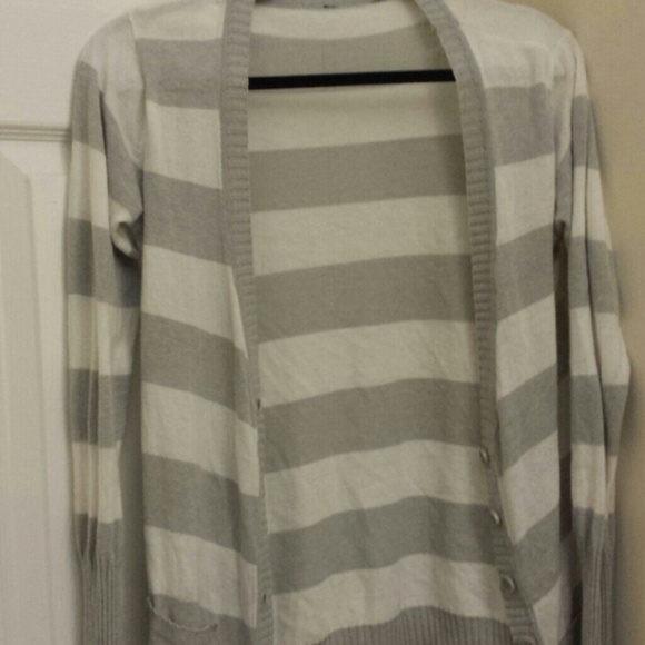 Grey And White Striped Cardigan W/ Small Pockets