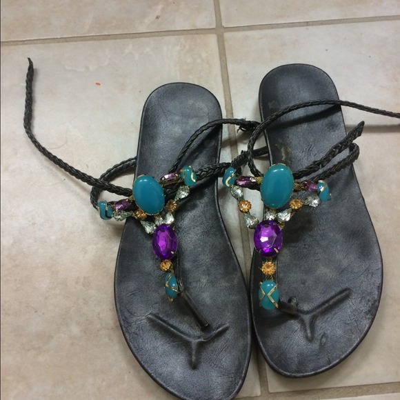 Pewter sandals with jewel tone bling