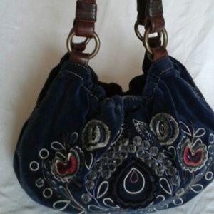 Lucky Brand Blue Velvet Embroidered Boho Bag