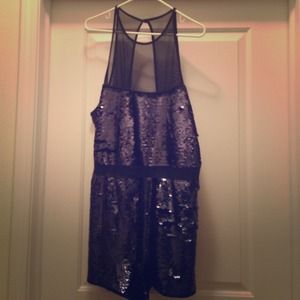 Navy Blue Sequin Romper with Open Back