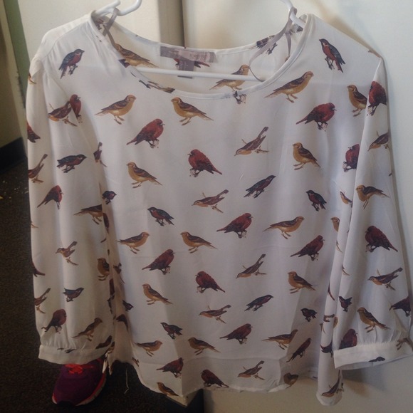 Sheer creme blouse with bird print. From Love 21.