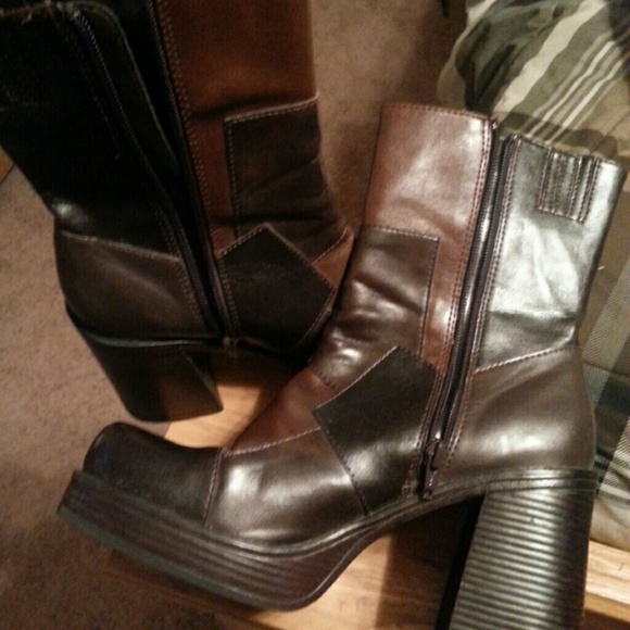 Brown patch faux leather mid calf boots