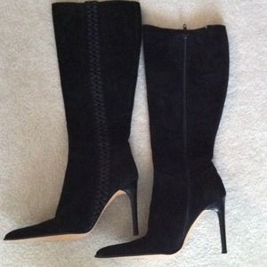 Black suede tall boot with pointy toe