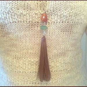 Long leather tassel and stone necklace