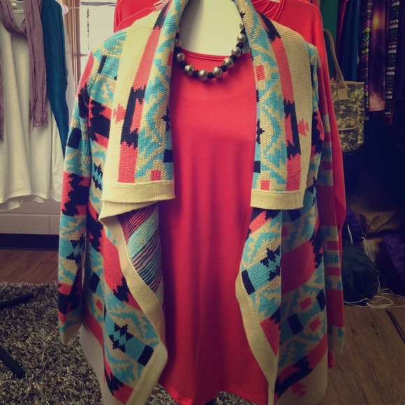 Aztec sweater coral and turquoise