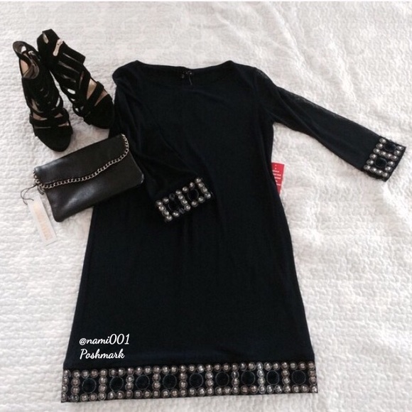 Tiana B. Dresses & Skirts - Embellished Dress 3/4 Sheer Sleeve Navy Blue