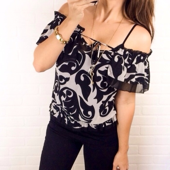 SOLD WHBM Black & White Sheer Off The Shoulder Top