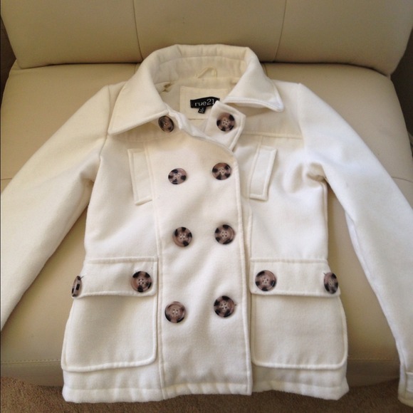 White peacoat brown buttons. Warm winter jacket