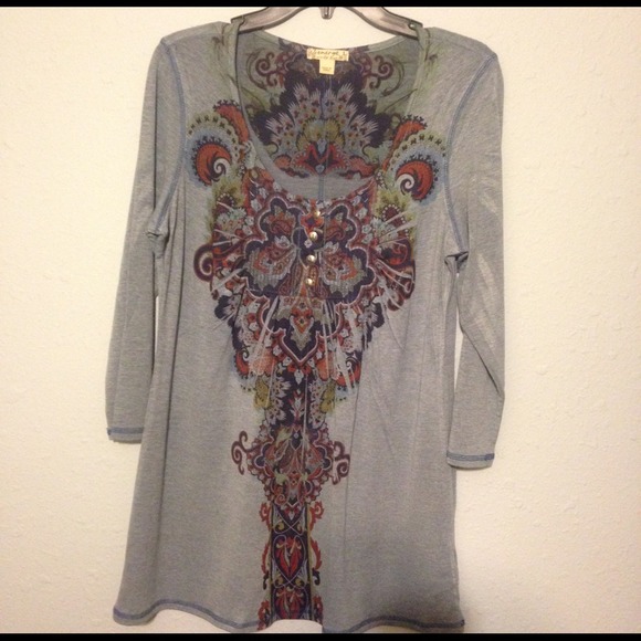 Energe World Wear tunic blue multi 3/4 sleeve Lge