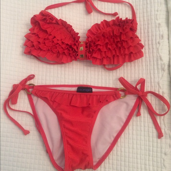 New. Plunge. Ruffle Top Coral Bikini Swimsuit
