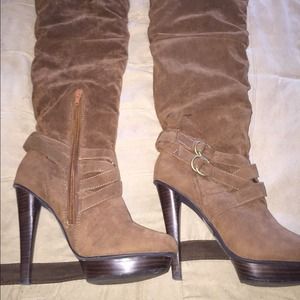 Thigh high suede tan boots!