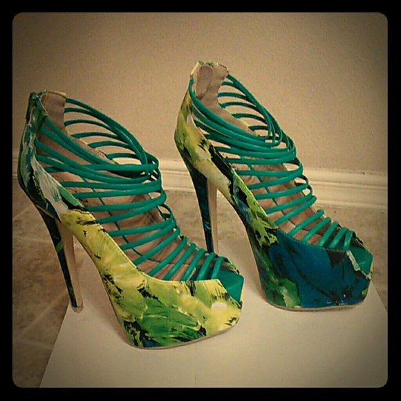 Teal green strappy heels