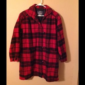 Woolrich red black plaid wool toggle coat