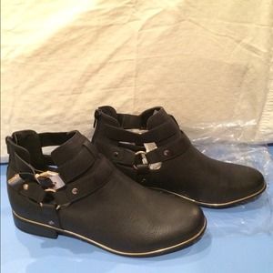 Black Cut-out Ankle Boots with Gold Buckles