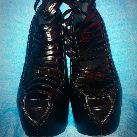 Women's Black Lambskin Leather cage heels