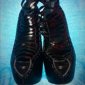 Women's Black Lambskin Leather cage heels