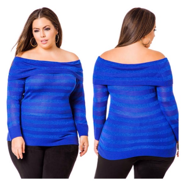 FINAL-BLUE SHADOW  STRIPE OFF THE SHOULDER SWEATER
