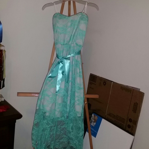 A Tiffany blue short long laced dress